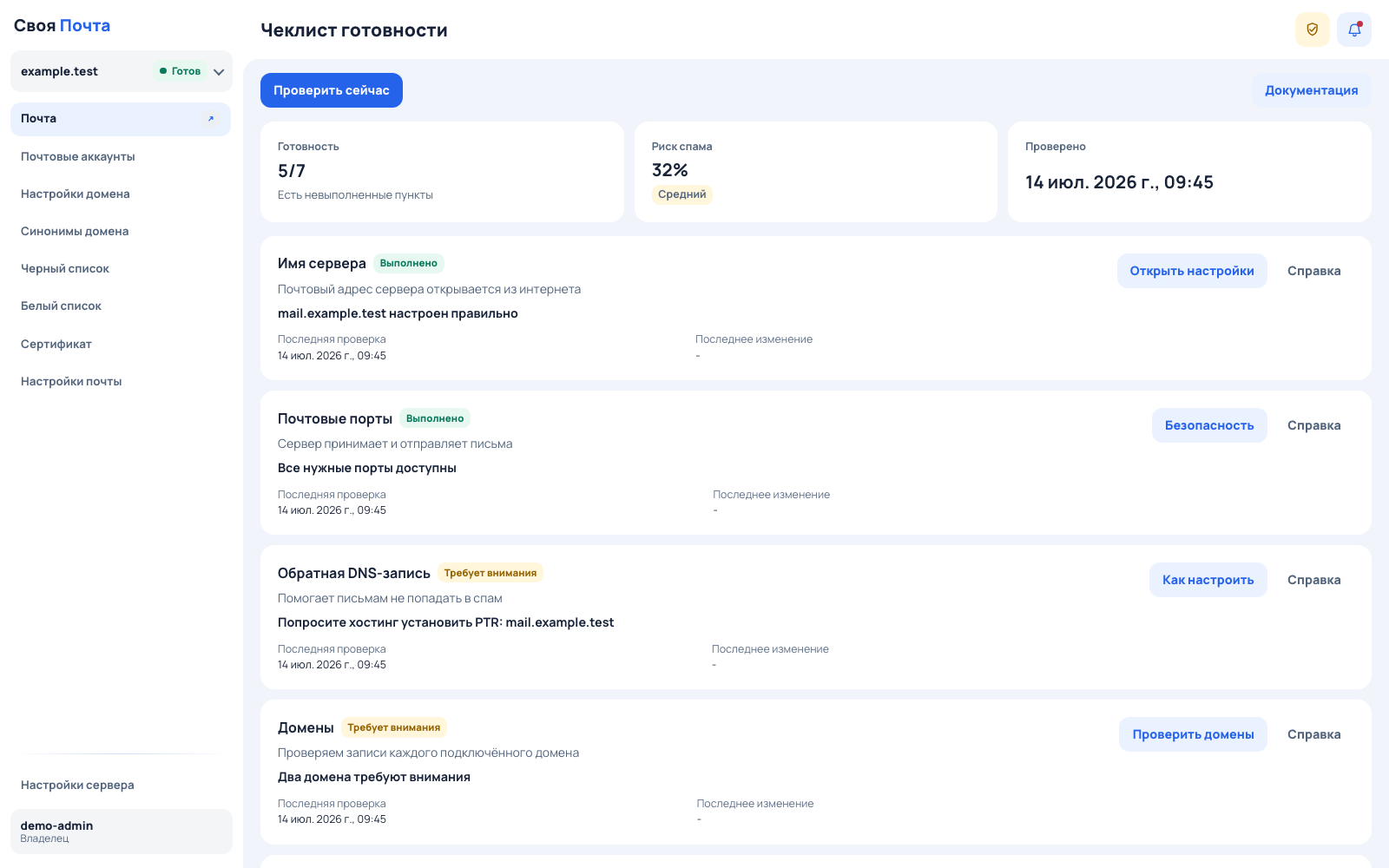 Чек-лист готовности почтового сервера в панели «Своя Почта»